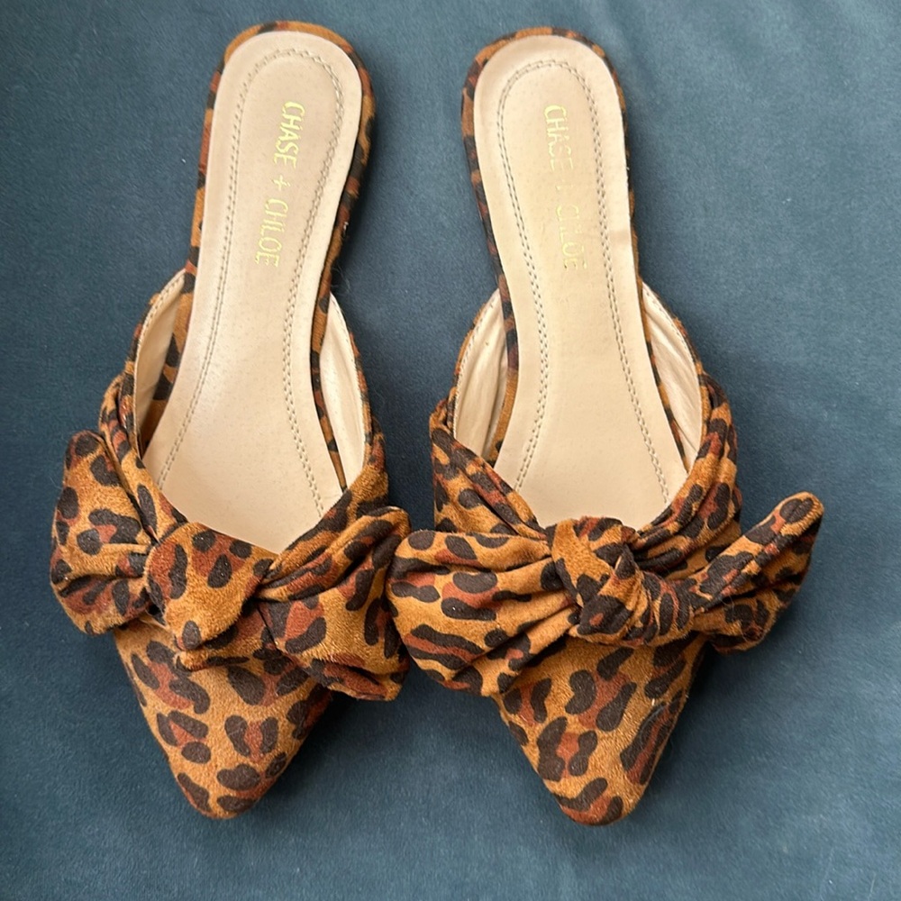 Chase + Chloe Leopard Print Slide Flats w/ Bow